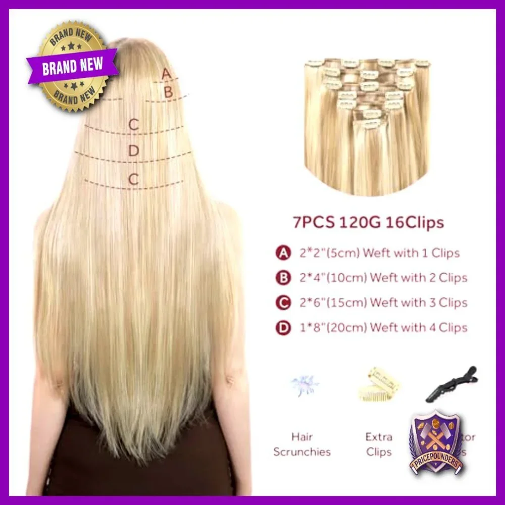 16 Inch Clip In Human Hair Extensions, 120g 7pc Set, Salon Quality Remy Hair